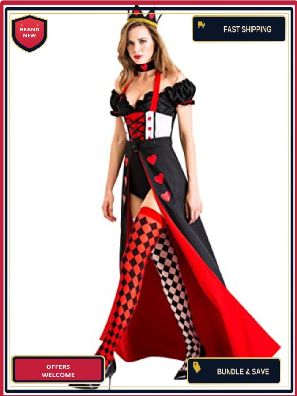 Women Queen Costume Heart Print Dress Crown Halloween Cosplay Outfit
